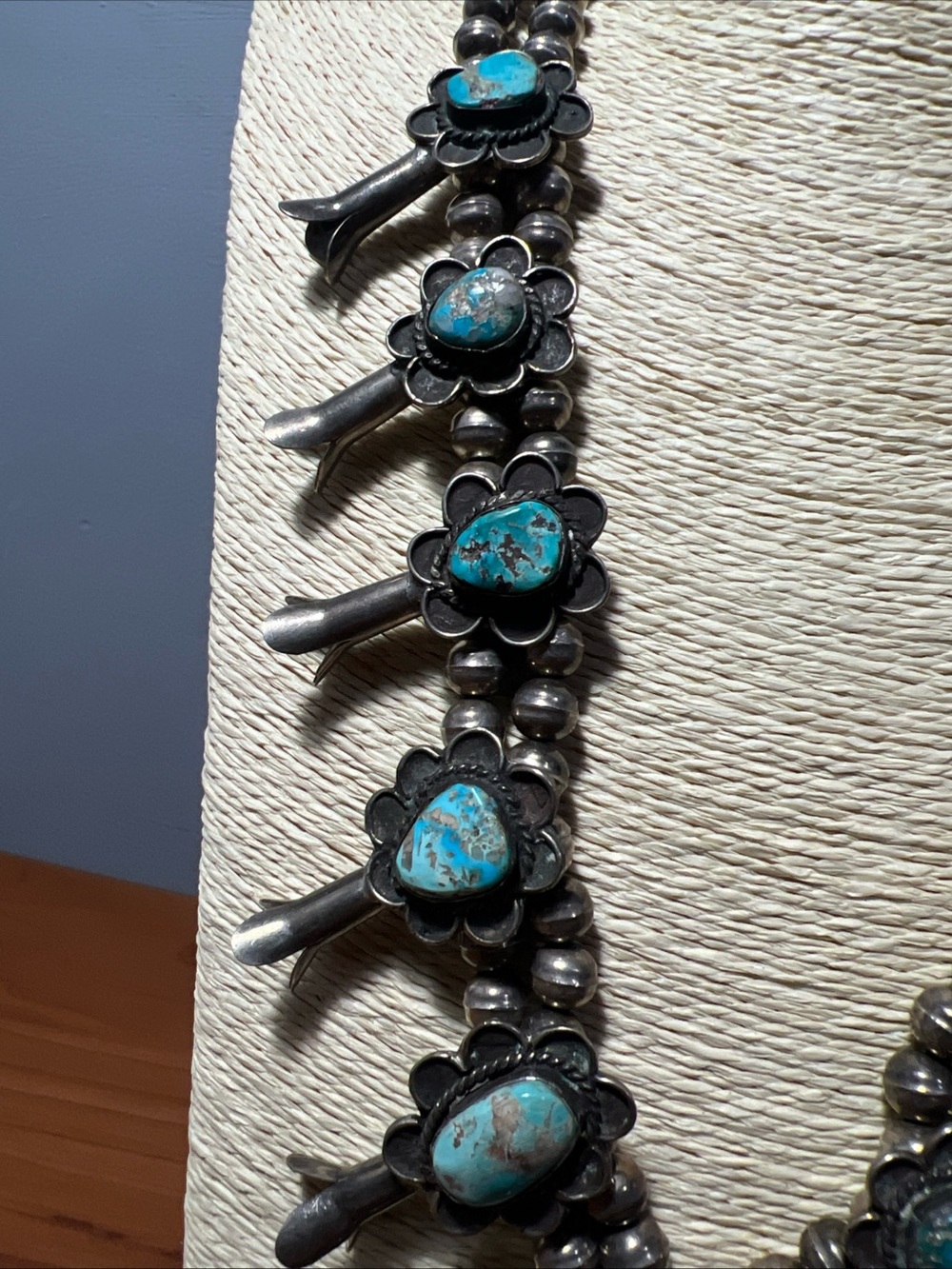 Vintage 60s Navajo Bisbee Turquoise .925 Silver Squash Blossom 24”Necklace 220g - Picture 3 of 14